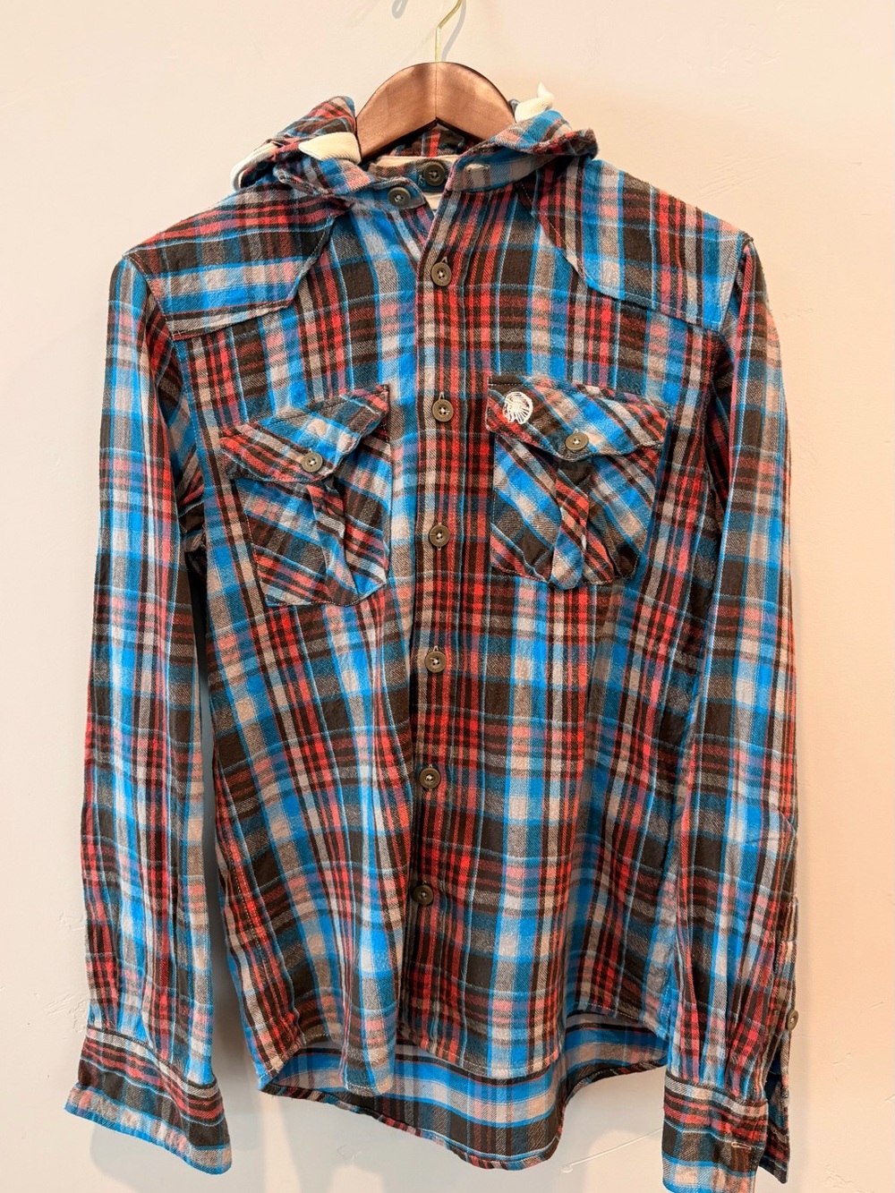 JACHS Hooded Plaid Flannel Shirt Blue Red Black Size Medium